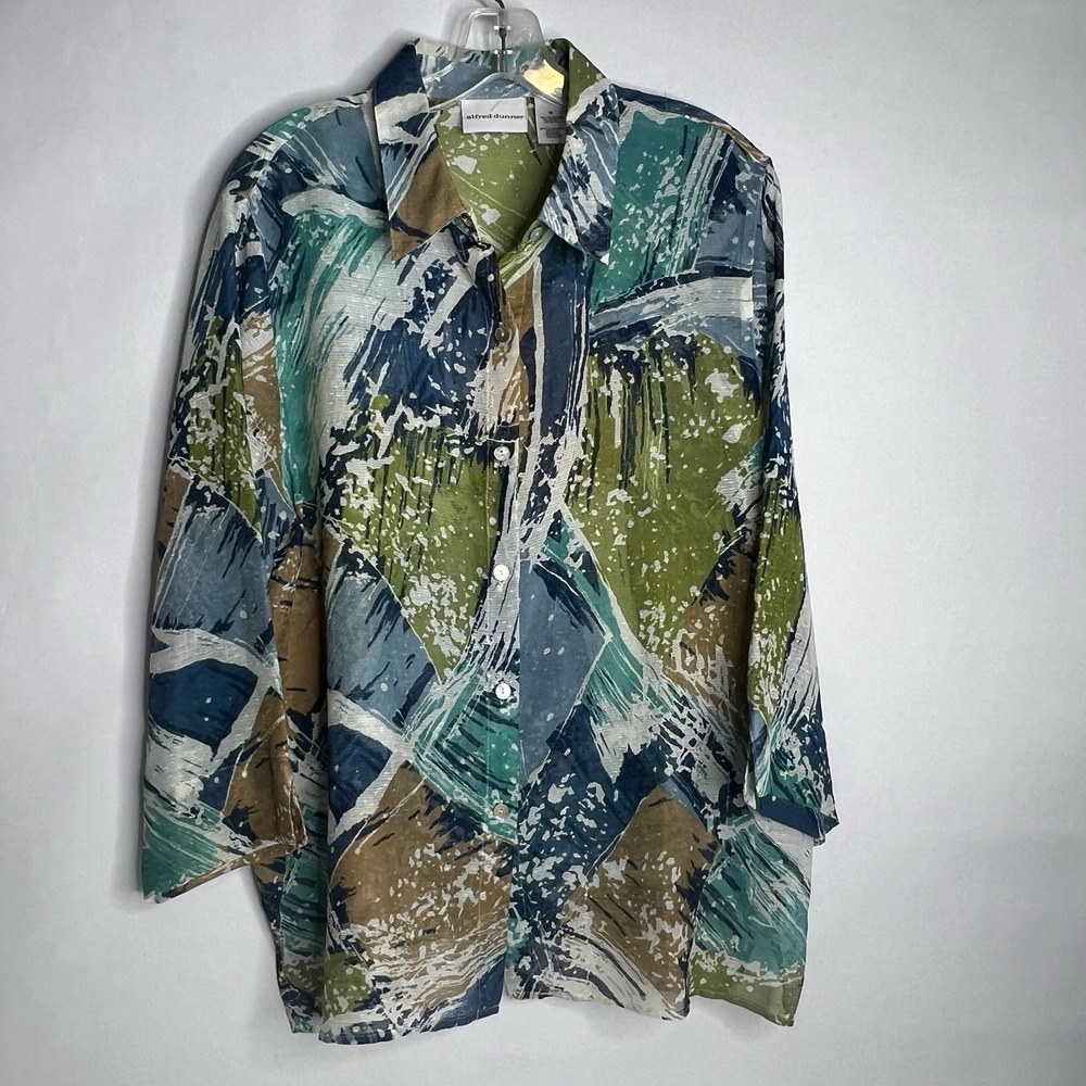 Alfred Dunner Women's Size 16 Sheer Paint Print 3/4 Sleeve Button Up Blouse